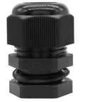 Close-up view of Three Quarter Inch NPT Cable Gland Kit Waterproof Black Nylon Adjustable Strain Relief Cord Grip with gasket and lock nut.