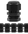 Front view of Three Quarter Inch NPT Cable Gland Kit Waterproof Black Nylon Adjustable Strain Relief Cord Grips, six piece set