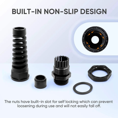 Strain Relief Cord Connector Kit, 2 Pack NPT One Half Inch Waterproof Cable Gland With Flexible Spiral Strain Relief parts displayed.