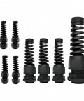 Eight Piece Black Nylon IP68 Waterproof Cable Gland Set With Gaskets And Spiral Flexible Joint Locknut For Cables NPT One Quarter Inch, NPT One Half Inch, And NPT Three Quarter Inch Adjustable Strain Relief Connectors