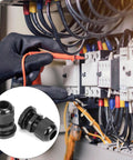 Technician using 1/2 Inch NPT Nylon Cord Grip Cable Glands Waterproof IP68 Strain Relief Pack Of 20 Black for electrical wiring installation
