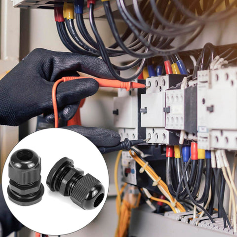 Technician using 1/2 Inch NPT Nylon Cord Grip Cable Glands Waterproof IP68 Strain Relief Pack Of 20 Black for electrical wiring installation