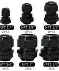 Heavy Duty Cord Grip Cable Glands Kit For Electrical Boxes NPT Waterproof Nylon Strain Relief Set shown in various sizes.