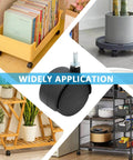 Collage of 4pcs 2 Inch Swivel Caster Wheels with M6 Threaded Stem in use on various furniture and storage items.