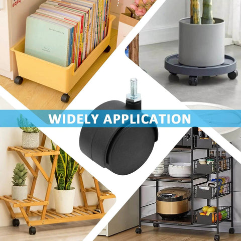 Collage of 4pcs 2 Inch Swivel Caster Wheels with M6 Threaded Stem in use on various furniture and storage items.