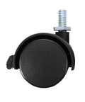 Close-up of an Eight Pack 1.5 Inch Black Nylon Plastic Castor Replacement Wheel for Furniture with 5/16 Inch Threaded Stem and Brake.