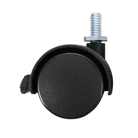 Close-up of an Eight Pack 1.5 Inch Black Nylon Plastic Castor Replacement Wheel for Furniture with 5/16 Inch Threaded Stem and Brake.