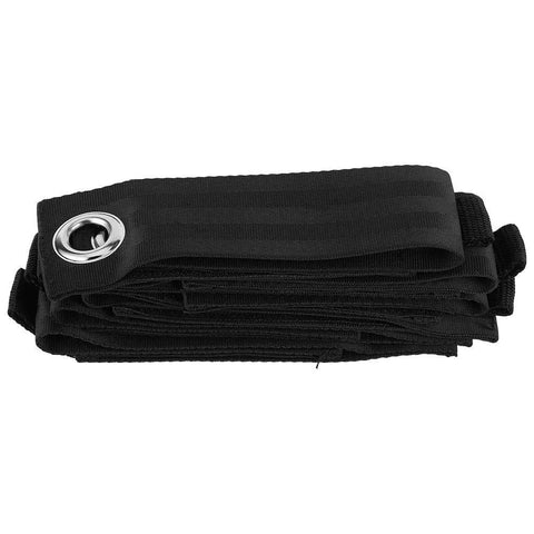 Stacked black nylon cord holders with metal grommets, part of Six Pack Extension Cord Holders Organizer And Hose Storage Straps Hangers For Indoor And Outdoor Use Garden And Pool Cord Management Solution To Keep Cords And Hoses Neat And Tangled Free.