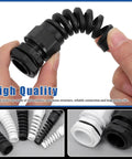 Close-up of black nylon waterproof flex spiral strain relief gland from 22 Piece Cable Gland Kit With PG7 To PG21 Sizes, 8.3Mm To 20.5Mm Thread Diameter for electrical installations.