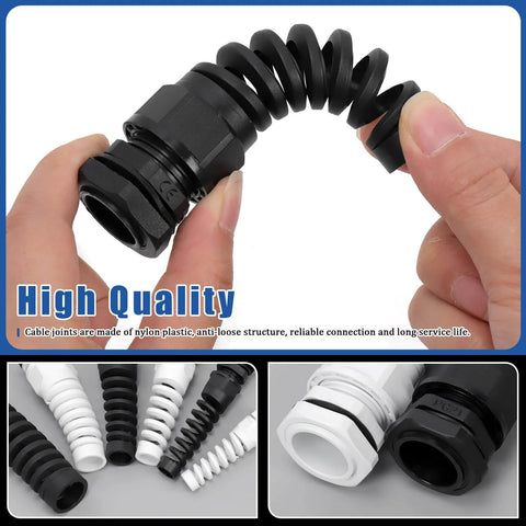 Close-up of black nylon waterproof flex spiral strain relief gland from 22 Piece Cable Gland Kit With PG7 To PG21 Sizes, 8.3Mm To 20.5Mm Thread Diameter for electrical installations.