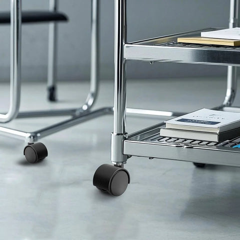 2 Inch Furniture Casters Set Of 4 With 5/16 Inch Threaded Stems Nylon Wheels Black Swivel Casters For Tables Cabinets And Storage Racks With T Nuts Each 60 Lb Capacity Total 240 Lb Quiet Non Slip Corrosion Resistant attached to metal shelf