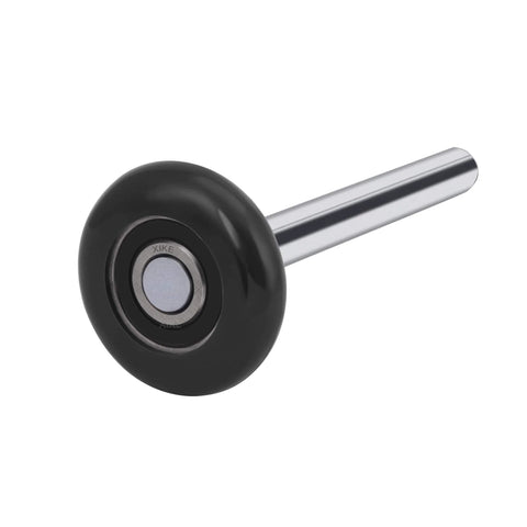 Close-up of a nylon garage door roller with 2-inch black wheel, 4-inch stem, and 6200-2RS bearings for quiet, durable operation.