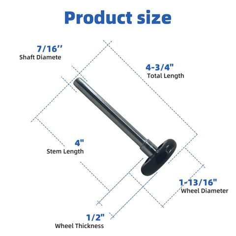 Product size diagram of 10 Pack Black Nylon Garage Door Rollers With 2 Inch Wheels And 4 Inch Rods Quiet Durable Featuring 6200ZZ Bearings