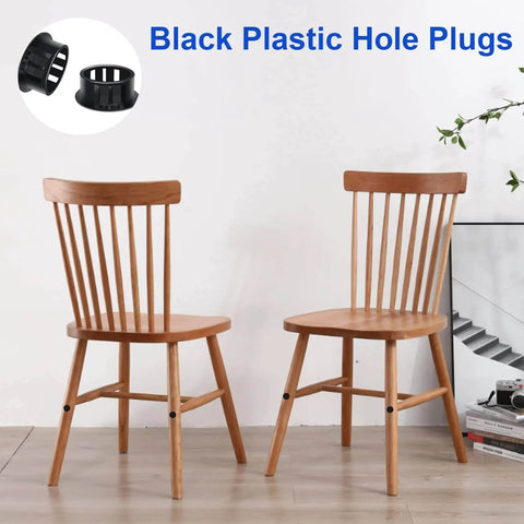 Eight Size Nylon Hole Plugs Set 135 Pieces Black Round Hole Covers installed on wooden chair legs