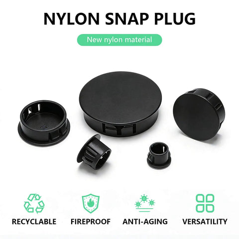 210-Piece Black Screw Hole Plugs Set, Nylon Plastic Round Hole End Caps for furniture and cabinets, assorted sizes displayed