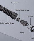Exploded view of Eight Piece Black Nylon IP68 Waterproof Cable Gland Set with gaskets and spiral flexible joint locknut parts.