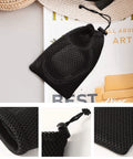 Nylon Mesh Drawstring Bag, 5 x 3.5 Inch Small Storage Pouch String Bags for Mini Stuff MP3 Charger Earphone Key, 3pcs Travel Kit Organizer for Lipstick Cosmetic Jewelry, Black on display with close-up details of mesh texture and drawstring closure.