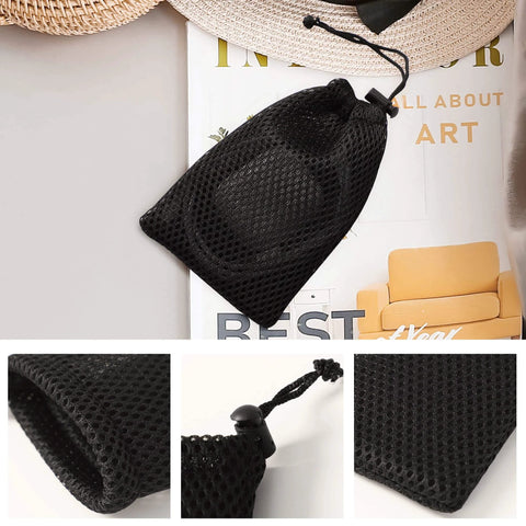Nylon Mesh Drawstring Bag, 5 x 3.5 Inch Small Storage Pouch String Bags for Mini Stuff MP3 Charger Earphone Key, 3pcs Travel Kit Organizer for Lipstick Cosmetic Jewelry, Black on display with close-up details of mesh texture and drawstring closure.