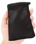 Person holding black nylon mesh drawstring bag, 5 x 3.5 inch small storage pouch for mini stuff, MP3 charger, earphone key.