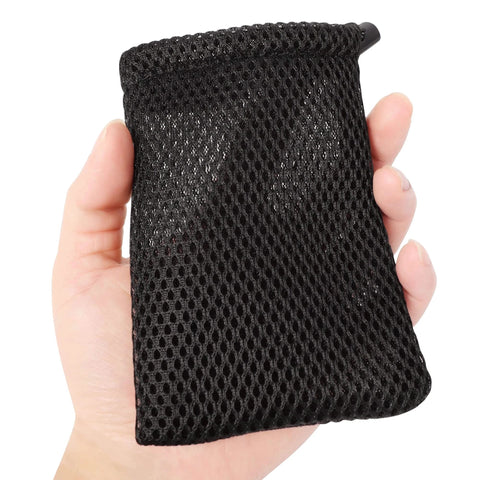 Person holding black nylon mesh drawstring bag, 5 x 3.5 inch small storage pouch for mini stuff, MP3 charger, earphone key.