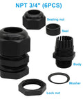 Three Quarter Inch NPT Cable Gland Kit Waterproof Black Nylon Adjustable Strain Relief Cord Grips For Junction Box Panels With Gaskets And Lock Nuts, Durable Wire Protection, Easy Install, Six Piece Set illustrated with components labeled sealing nut, seal, body, washer, and lock nut.