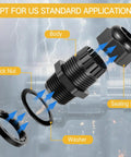 Exploded view of 200 Pack Half Inch NPT Black Nylon Cable Glands IP68 Waterproof Adjustable Locknut For Cable Diameters