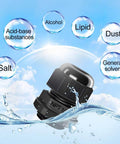 12 Pack Half Inch NPT Cable Glands Nylon PA66 IP68 Waterproof Adjustable Strain Relief Cord Grips Junction Box Wire Gland Connectors With Gaskets And Locknuts Black depicted amidst water with chemical resistance labels.