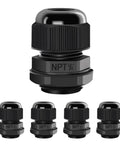 Five Pack NPT Three Eighths Inch Cable Glands Waterproof Adjustable Easy To Install For Cables From Five To Ten Millimeters Black Nylon Joints With Gaskets