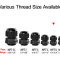 Various sizes of waterproof black nylon cable glands with NPT threads for 5 Pack NPT Three Eighths Inch Cable Glands Waterproof Adjustable Easy To Install For Cables From Five To Ten Millimeters Black Nylon Joints With Gaskets.