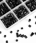 1000 Pcs Black Nylon Round Spacers For M3 And M4 Screws For Electrical Outlet Kit shown in labeled storage box
