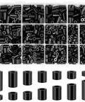 1000 Pcs Black Nylon Round Spacers For M3 And M4 Screws For Electrical Outlet Kit 14 Size Set in a labeled storage box