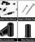 1000 Pcs Black Nylon Round Spacers For M3 And M4 Screws For Electrical Outlet Kit showcasing size options and non-conductive durability.