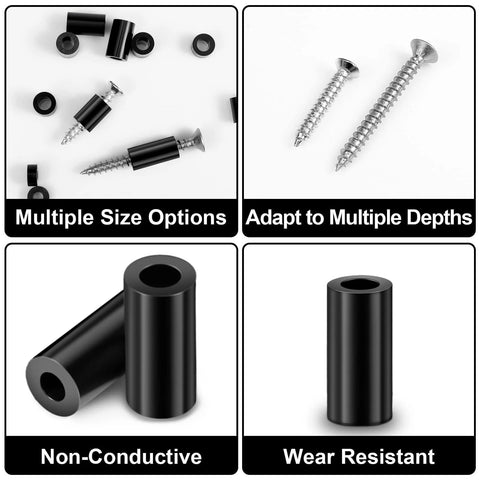 1000 Pcs Black Nylon Round Spacers For M3 And M4 Screws For Electrical Outlet Kit showcasing size options and non-conductive durability.