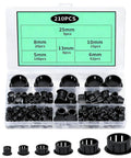210-Piece Black Screw Hole Plugs Set, Nylon Plastic Round Hole End Caps For Furniture Cabinets, Flush Type Panel Knockout Locking Covers, No-Fuss Tool-Free Install, Reusable And Durable box contents