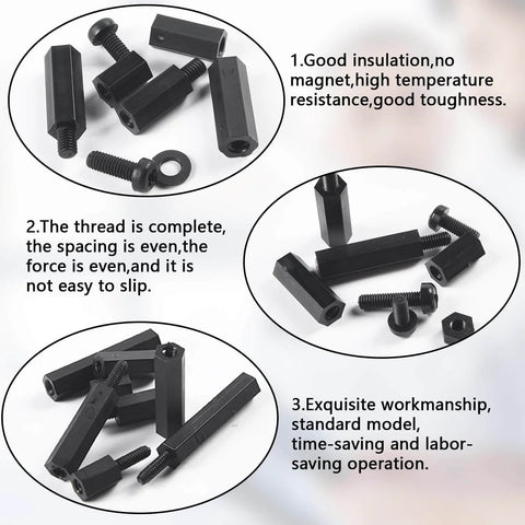 350Pcs M3 Nylon Hex Spacer Standoff Kit With Male And Female Spacers Nuts And Screws In Black, Highlighting Features