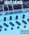 Assorted Nylon Round Spacers Kit For M3 M4 M5 M6 Screws With 270 Pieces And Clear Storage Case displayed on a blue surface.