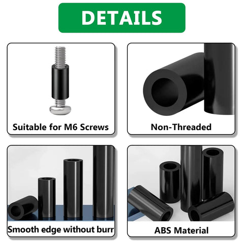 Image showing details of the 120 Pieces Black Nylon Spacers Kit Non Threaded Round Plastic Spacers for M6 screws and DIY projects.