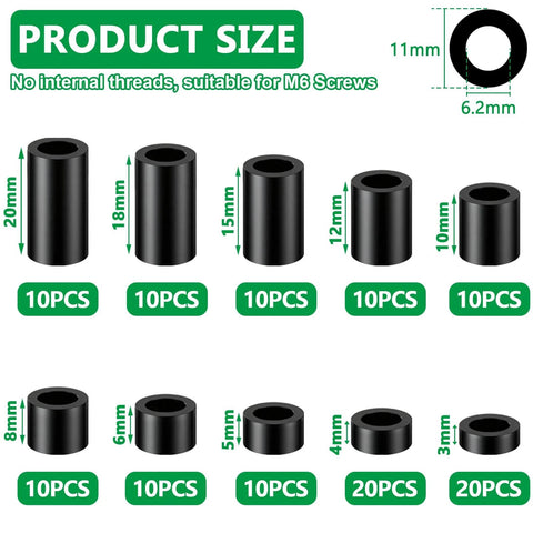 120 Pieces Black Nylon Spacers Kit Non Threaded Round Plastic Spacers Inner Diameter 6.2mm Outer Diameter 11mm Lengths 3mm-20mm