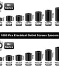 1000 Pcs Black Nylon Round Spacers For M3 And M4 Screws For Electrical Outlet Kit, 14 Size Set, durable spacers for home repairs.