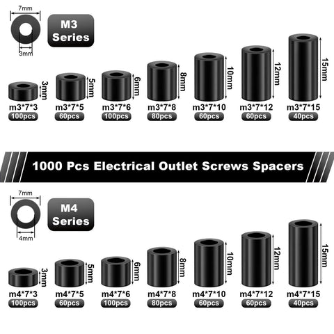 1000 Pcs Black Nylon Round Spacers For M3 And M4 Screws For Electrical Outlet Kit, 14 Size Set, durable spacers for home repairs.