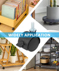 Collage showing 4pcs 1 Inch Swivel Caster Wheels with M6 Threaded Stem and Brake used on furniture, shelves, and plant stands.