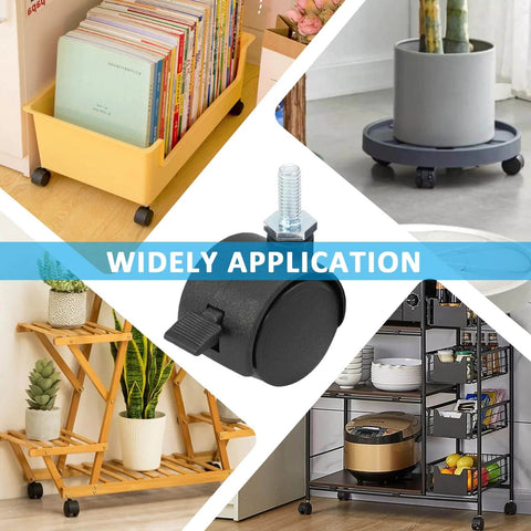 Collage showing 4pcs 1 Inch Swivel Caster Wheels with M6 Threaded Stem and Brake used on furniture, shelves, and plant stands.