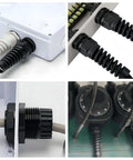 Close-up of Eight Piece Black Nylon IP68 Waterproof Cable Gland Set With Gaskets And Spiral Flexible Joint Locknut For Cables installed