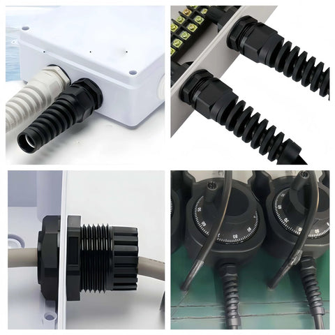 Close-up of Eight Piece Black Nylon IP68 Waterproof Cable Gland Set With Gaskets And Spiral Flexible Joint Locknut For Cables installed