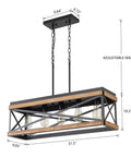 Five Light Rectangular Farmhouse Pendant Chandelier Black With Oak Wood And Metal 65 Inch Adjustable Chain For Dining Room And Kitchen Island Linear Rustic Modern Lighting Fixture