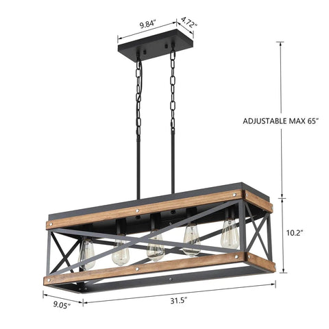 Five Light Rectangular Farmhouse Pendant Chandelier Black With Oak Wood And Metal 65 Inch Adjustable Chain For Dining Room And Kitchen Island Linear Rustic Modern Lighting Fixture