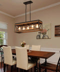 Five Light Rectangular Farmhouse Pendant Chandelier Black With Oak Wood And Metal 65 Inch Adjustable Chain in dining room.