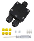 IP68 Waterproof 3 Way Junction Box For Outdoor Use Built Tough And Weatherproof Black Underground Cable Connector Dustproof And UV Resistant Ideal For 5mm To 15mm Wire Glands 1 Pack Small Outdoor Ready And Hassle Free, shown with installation accessories.