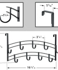 Over-the-door metal hook rack with 6 hooks, dimensions labeled, shows side and top view in black.