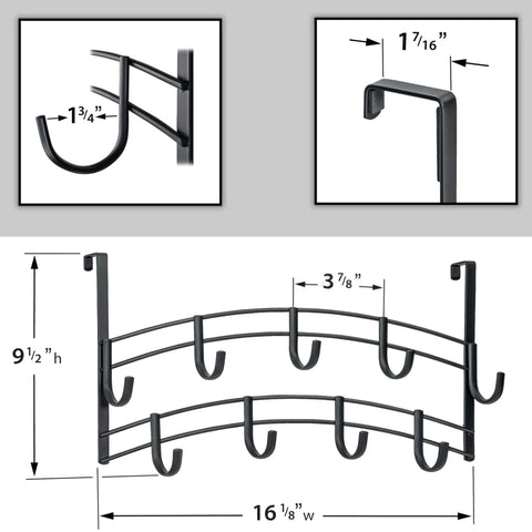 Over-the-door metal hook rack with 6 hooks, dimensions labeled, shows side and top view in black.